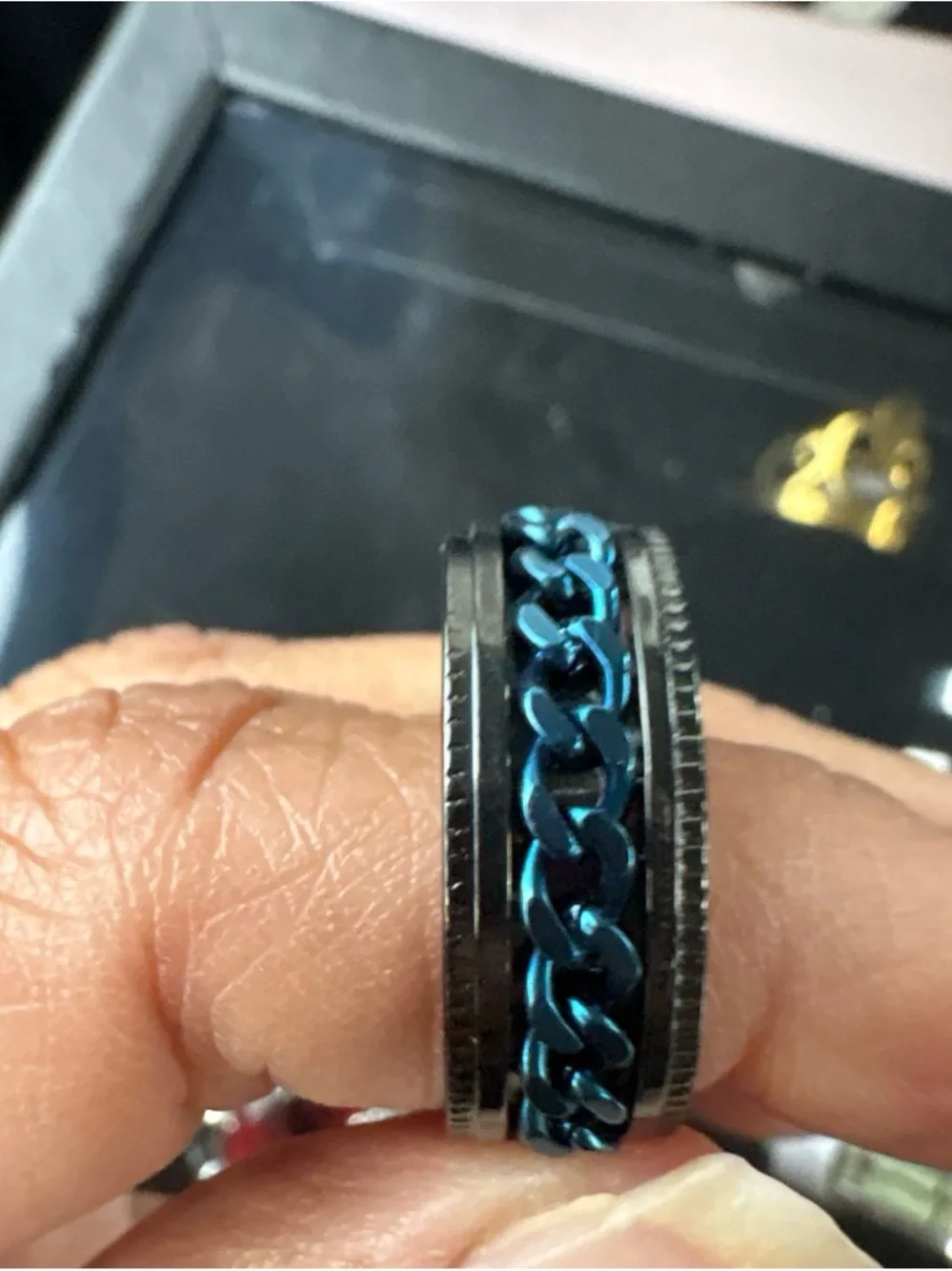Men's Black Ring with Blue Chain Inlay